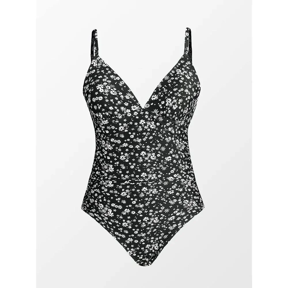 NWT Hello Summer Women Swimsuit Flowers One Piece V Neck Tummy Control Large